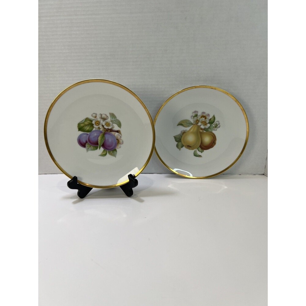 HUTSCHENREUTHER Fruit Appetizer / Salad Plate Set of 2 plum pears gold rim
